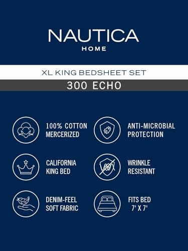 NAUTICA Super Soft 100% Cotton XL King Size Bedsheet with 2 Pillow Covers -3pc Set (echo-300) | 300TC | Ultra Soft Satin Fabric Solid-Silvergrey