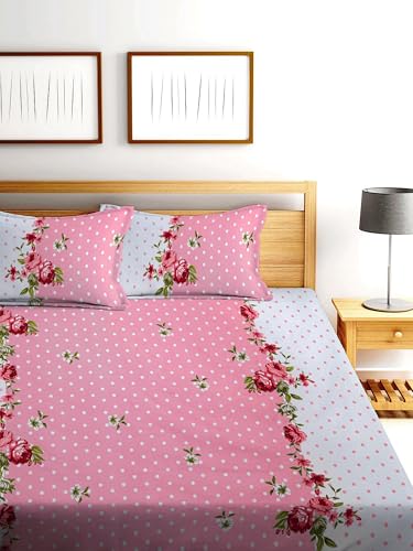 la' amour Pure Cotton 220 TC Flat Double Bed Bedsheets for Summer Breathable | Wrinklefree (Size- 228 x 230 Cm) with 2 Pillow Covers (Size-17 X 27 Inches, Floral, Pastle Pink & White)