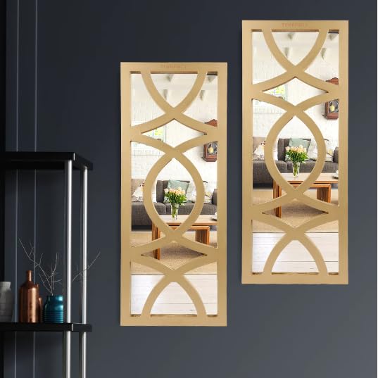 ANTIQUE HOUSE IN Hand Crafted MDF Modern Rectangular Wall Panel Mirror (Gold, 30 x 12 Inch) (PACK of 2)