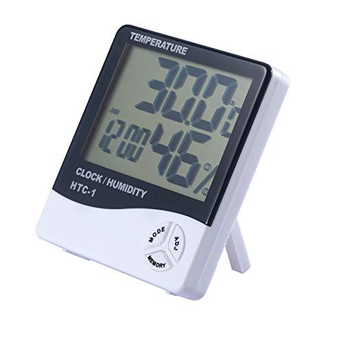 SHAYONA All in One HTC-1 Plastic Hygrometer Temperature Thermometer Humidity Meter with Time Alarm Clock with Big LCD Display (White)