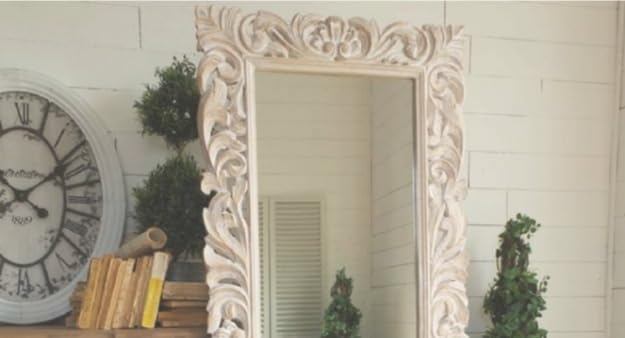 AESTHETIC DECOR Wooden(5x2.5) ft Carved Wall Mirror Frame Solid Mango Wood, | with Out Mirror | Crown Pattern White Distress (6 * 2.5)