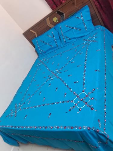 Globaltrendsindia Handwork bedsheets Cotton Queen Size Double Bed Sheet Embroidered Cotton bedsheets Embroidery Design Blue