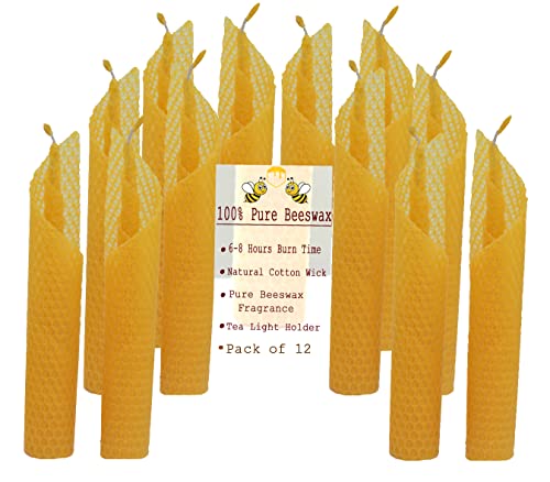 Beeswax Moonlight Candles (Yellow, Pack of 12) Pure Beeswax,100% Natural,Candles for Party Decoration, Diwali, Wedding, Candlelight Dinners, Valentine's Day, Home Decoration, Natural Scented.