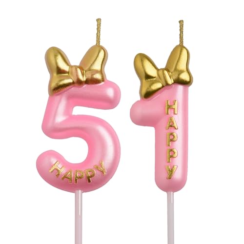 AOOLADA 51st Birthday Candles, Pink 51 Year Old Number Birthday Candles, Happy Birthday Party Decorations Cake Topper Gifts for Men Women