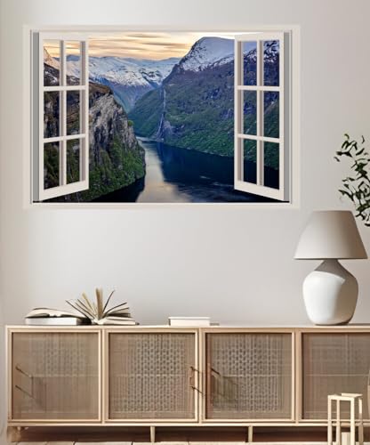 JVERF - JZZA25949 Norway Rivers Geirangerfjorden Crag Snow Bay| Self-Adhesive Open Window Wall Sticker