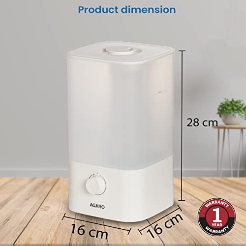 AGARO Breeze Cool Mist Ultrasonic Humidifier, Aroma Diffuser Support Essential Oil, 2.5 Litres, Top Fill, For Bedroom, Home, Office, Adjustable Mist Output, Super Quiet, Auto Shut Off (White)