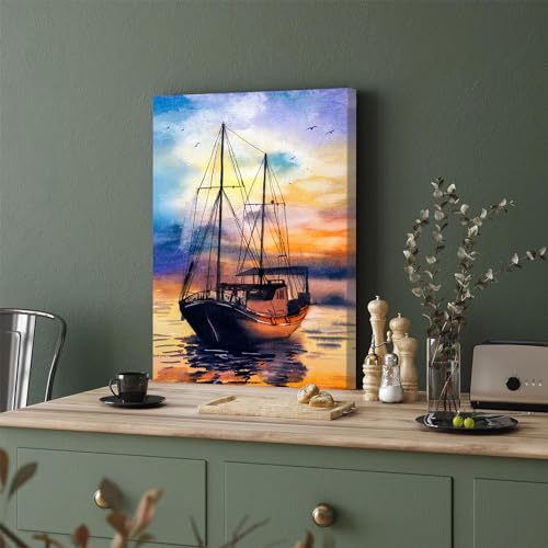 GADGETS WRAP Canvas Gallery Wrap Framed for Home Office Studio Living Room Decoration (11x17inch) - Boat On Sea Oil Painting