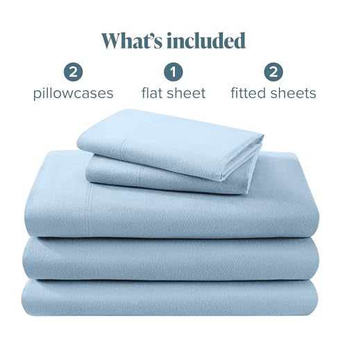 Bare Home Flannel Sheet Set 100% Cotton, Velvety Soft Heavyweight - Double Brushed Flannel - Deep Pocket (Split King, Light Blue)