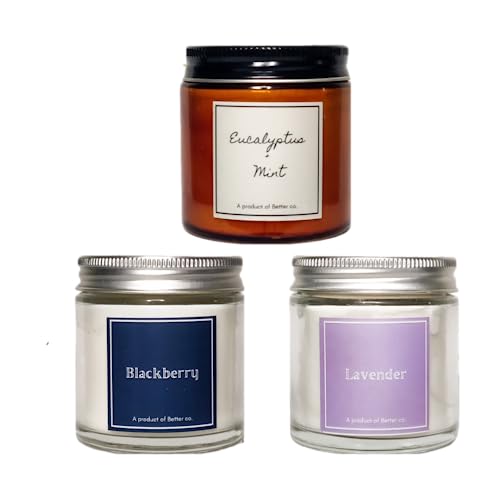 Better co Scented Soy Wax Amber Jar Candle Organic Luxury Aroma Burning Time Upto 20 Hours. Combo Pack of 3. Eucalyptus + Mint BlackBerry and Lavender