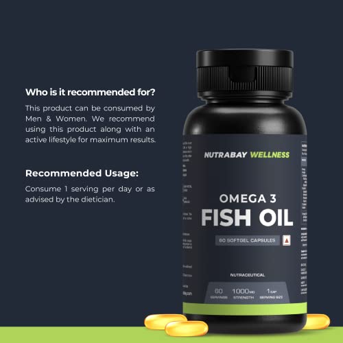 Nutrabay Wellness Omega 3 Fish Oil - 60 Capsules,180 mg EPA & 120 mg DHA for Healthy Brain, Heart, Eyes & Joints - 1000mg