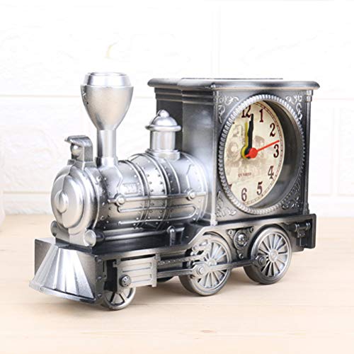 FAVOMOTO Silver Retro Train Clock Model Train Locomotive Clock Table Time Clock Steampunk Decoration Home Office Shelf Train Model Time Clock