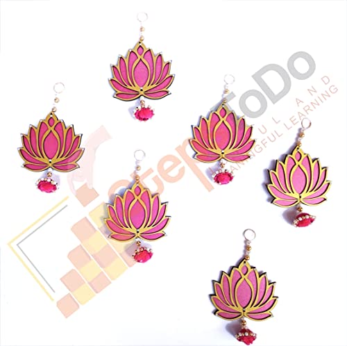 StepsToDo (with device) Hanging Wooden Lotus Cut-Out Handicraft. Set of 6. Rose Pink. Festive DIY Craft Material. Completely Wooden. Decoration for Any Festival, Diwali, Pooja, Wedding Gift.(6)