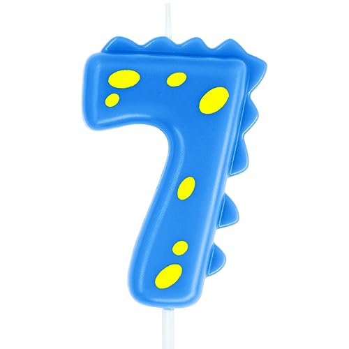 Blue Birthday Candle 7, eusbon 2.76" Dinosaur Candle Theme Party Number Candle for Cake