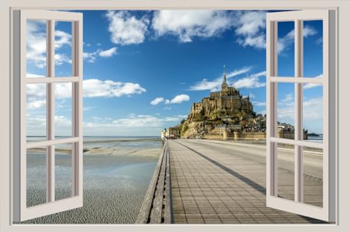 JVERF - JZZA21234 France Fortress Sky Sea Le Mont Saint Michel| Self-Adhesive Open Window Wall Sticker