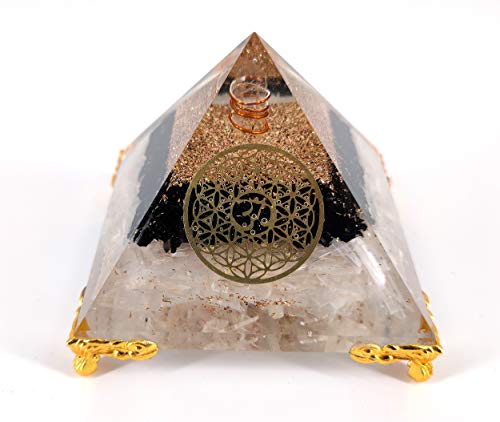 White Whale Selenite-Black Agate Orgone Pyramid Energy Generator Reiki Healing Crystal Chakra with Gold Stand Feng Shui Pyramid