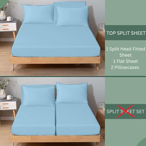 Top split king sheets sets for adjustable beds, Half split king sheet sets for adjustable beds deep pocket, 39" Split Top king Sheets 400 Thread Count 100% Cotton (Half Split Fitted), Light Blue Solid