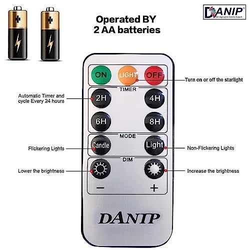 DANIP red flameless Candle, Built-in Star Cluster, 9 LED Candles, 11 Button Remote Control, 24-Hour Cycle Timer, Flashing Flame, Real Wax, Battery Powered. (Starry Sky Series)