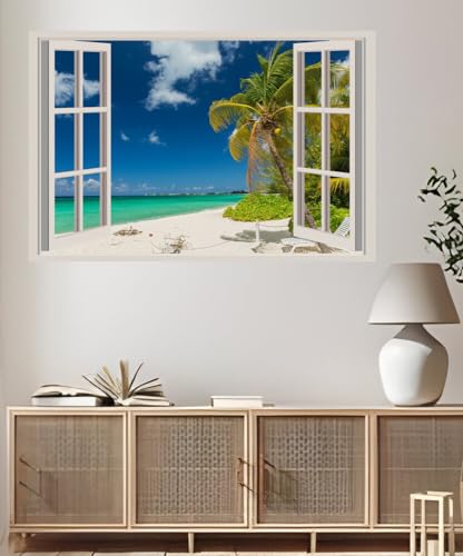 JVERF - JZZA30393 Tropics Coast Sky Grand Cayman Clouds Palms| Self-Adhesive Open Window Wall Sticker