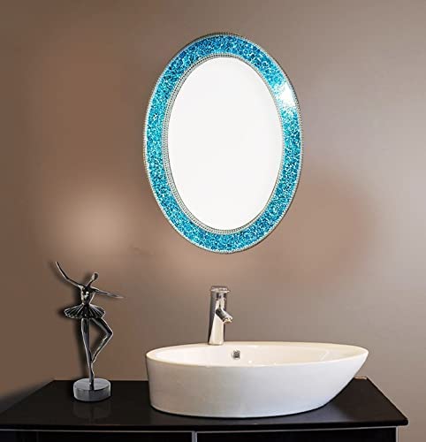 Cheval Glass Beveled Blue Pearl Engraved Designer Oval Wall Mirror with Decorative Frame - (24 X 24 Inches, Blue)