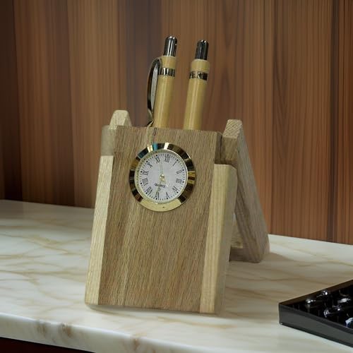 Salvus APP SOLUTIONS Wooden Dual Pen Holder with 2 Wooden-Pens and Table Clock For Home, Office & Gift Showpiece (6.5x17 cm)