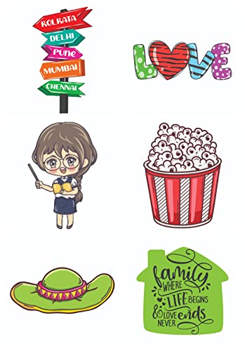 Bhai Please Travel Board, Love, Teacher, Popcorn, Green Hat and Family Where Life Begins Wooden Fridge Magnet (Pack of 6 pcs, one pc Each Design)