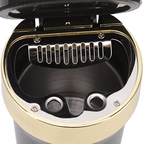 Car Ashtray, Clock Easy to Clean Multifunctional Flame Retardant Mini Car Ashtray Stainless Steel Inside LED Light for Outdoor (Black Gold)