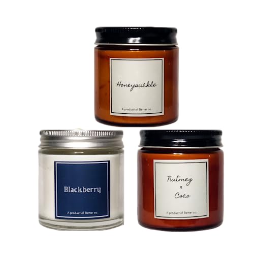 Better co Scented Soy Wax Amber Jar Candle Organic Luxury Aroma Burning Time Upto 20 Hours. Combo Pack of 3. Honeysuckle BlackBerry and Nutmeg + Coco