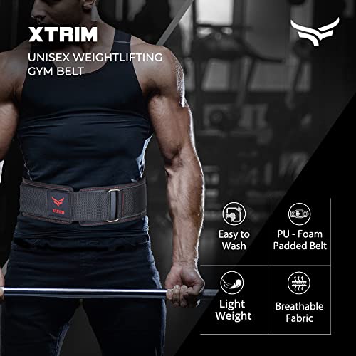 XTRIM 4 Inches Unisex Weightlifting Gym Belt with PU-Foam Padded Comfort For Fitness Workout, Moisture Wicking Lining, Washable Fabric, Hook & Loop Closure (Black, Medium)