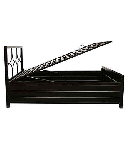 Royal Interiors Circulus Metal Matte Finish Bed with Hydraulic Storage with Foam Mattress (King Size, Black)