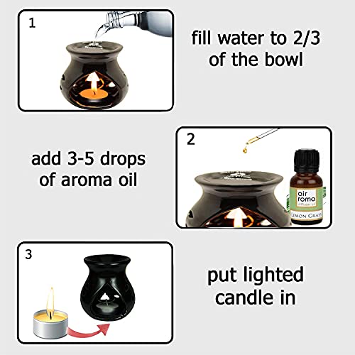 Air-roma Black Ceramic Aroma Diffuser Burner with Lemon Grass Diffuser Oil 10ml and 2 Candles | Pack of 4 Pieces | Perfect for Gift Set