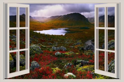 JVERF - JZZA26918 Russia Crimea Lake Stones Scenery Hill Moss| Self-Adhesive Open Window Wall Sticker