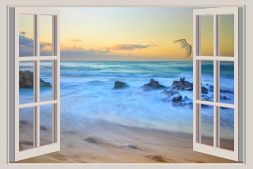 JVERF - JZZA27768 Sea Gull Sky Beach| Self-Adhesive Open Window Wall Sticker