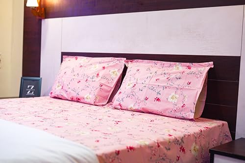 ZENALICO - Super Soft Double Bedsheet with Two Pillow Cover for a Cozy Night's Sleep (Combo) (Pink-White, Queen (U.S. Standard), Leaf)