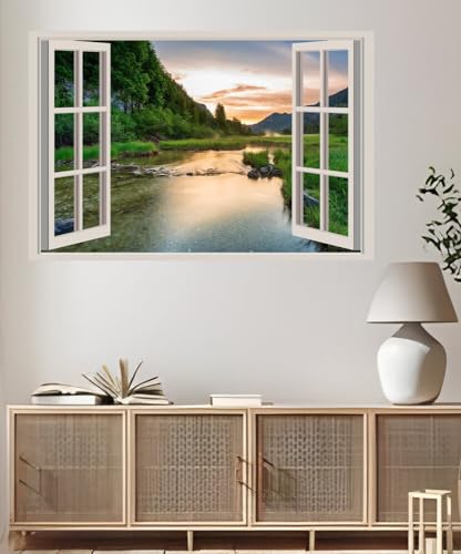 JVERF - JZZA29345 Sunrises and Sunsets Stones Rivers Mountains Grass| Self-Adhesive Open Window Wall Sticker