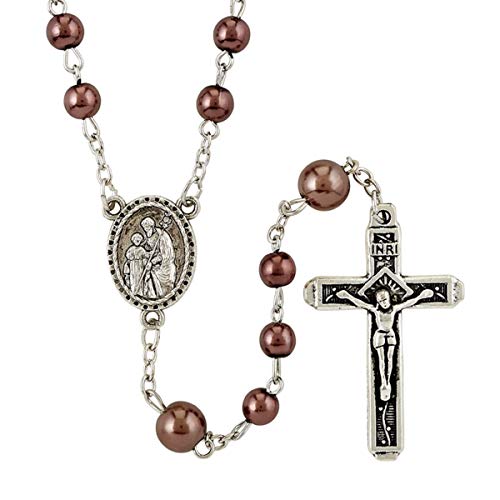 Brown Imitation Pearl Bead Rosary with Saint Joseph Centerpiece, 19 Inch