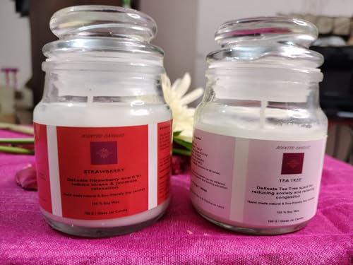 Tea Tree & Strawberry 2X100 GMS Each,Pack of 02,Organic Hand Made 100% Soy Wax,Aromatic Fragrance up to 25Hrs,Best Gift, Scented Candles for Home Decor