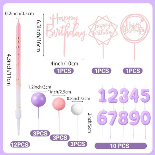 Yerliker 34 Pcs Birthday Candles Cake Toppers for Men Women with 12 Long Thin Birthday Cake Candle 10 Numeral Birthday Candle 9 Ball Cake Topper 3 Birthday Cake Topper(Purple Pink)