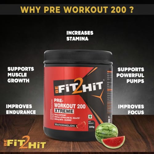 BeFit2Hit Pre-Workout Supplement, Watermelon Flavour, 100g (30 Servings), 200mg Caffeine, 200mg Theanine, 2000mg Beta Alanine, 3000mg Citrulline