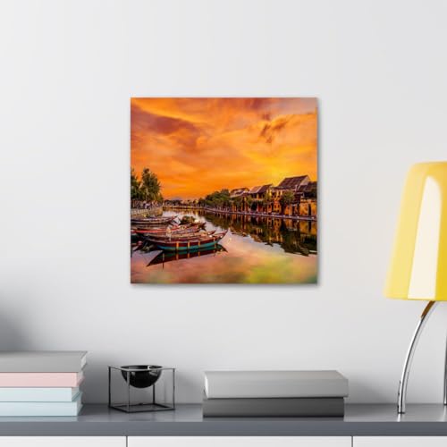 GADGETS WRAP Canvas Gallery Wrap Framed for Home Office Studio Living Room Decoration (10x10inch) - Boats On River Near Houses Sunset