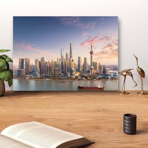 GADGETS WRAP Canvas Gallery Wrap Framed for Home Office Studio Living Room Decoration (14x11inch) - Shanghai Skyline Sunset