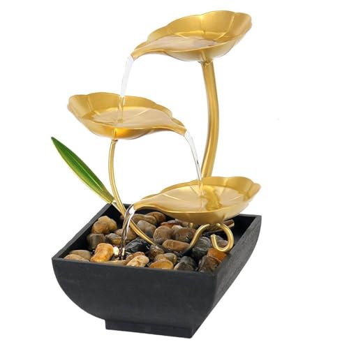 Cheet enterprise Tabletop Fountains Metal Water Fountain Waterfall Desktop Leaf Fountain Home Decoration Ornaments with Deep Basin and Natural River Rocks (Golden, 1 PCS)