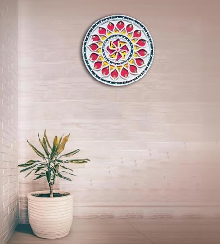 Home Decor Wall Hanging Lippan Art, Red and Yellow Floral Design, 3D Mirror Work, Traditional Indian Art, 12 inch Diameter