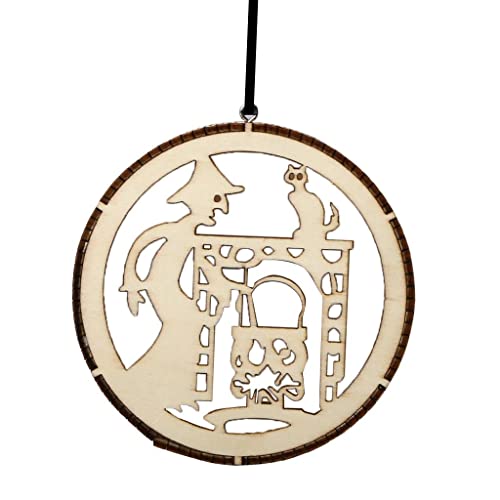 ATORSE® Wooden Laser Hollowed Hanging Decorations Led Lights Witch+Cat