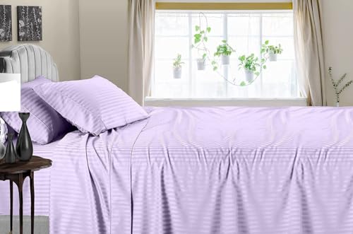 600 Thread Count Luxurious 6 Piece Bedsheet Set- 100% Cotton All Season Bedding Includes- Flat Sheet, Fitted Sheet (8" Snug Fit) & 4 Pillow Cover -Lavender Stripe,King Size