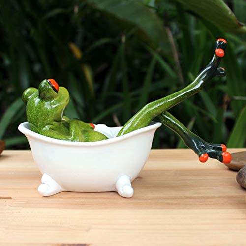 Dorlotou Frog Cute Funny Green Frog Figurines Lying in The Bathtub Frog Sculpture Statue for Home Desk Bathroom Decoration,6081