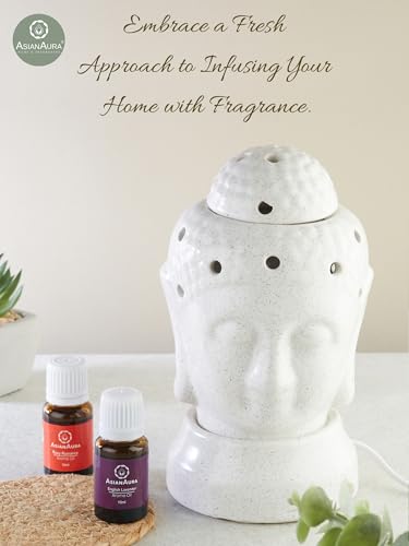 Asian Aura Handcrafted Ceramic Electric Buddha Shaped Aroma Diffuser| Aroma Oil Burner for Aromatherapy| Home Decor and Fragrance with Aroma Oils(English Lavender & Rosy Romance Scent 10ml Each)