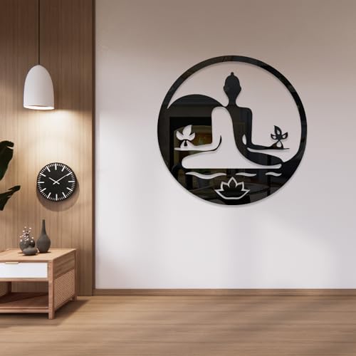 SPARKSBAE Black Mirror Self Adhersive Acrylic Sticker Featuring Buddha Meditation Design Decal for Living Room, Bed Room, Hall, Kitchen, Foyer Wall Decor DIY (Black | 30x30cm | 2 Pieces)