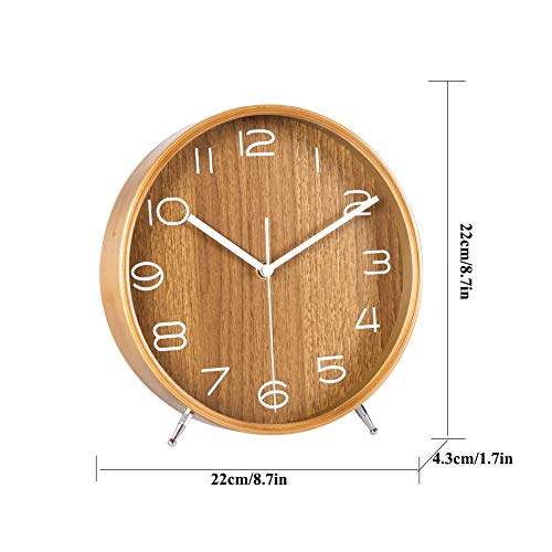 KAMEISHI 8 Inch Wood Desk Clocks Battery Operated for Living Room Bedroom Bedside Kitchen Round Decor Table Clock Silent Non Ticking Quiet Sweep Second Hand Quartz Large Numerals KSZ821 Walnut