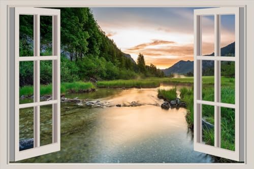 JVERF - JZZA29345 Sunrises and Sunsets Stones Rivers Mountains Grass| Self-Adhesive Open Window Wall Sticker