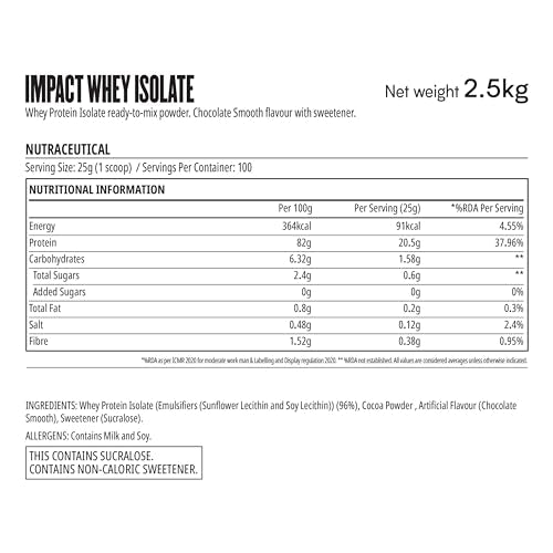 Myprotein - Impact Whey Isolate Powder |23g Premium Isolate Protein|Post-Workout|Low Sugar & Zero Fat|4.5g BCAA, 3.6g Glutamine|Builds Lean Muscle & Aids Recovery | 5.5 lbs, 2.5 kg | Chocolate Smooth